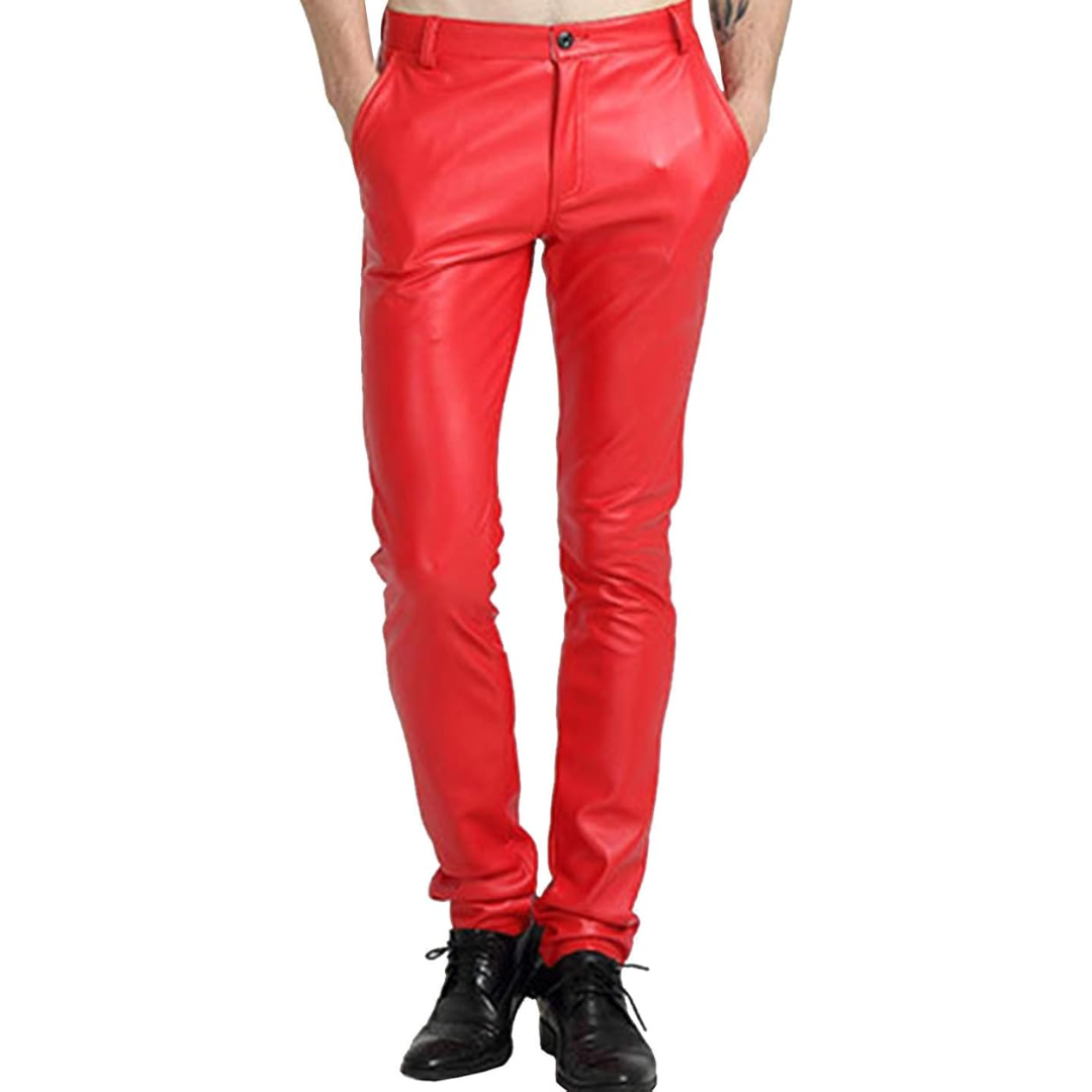 Close-up of men's tapered faux leather biker pants, showcasing sleek design & modern urban fit.