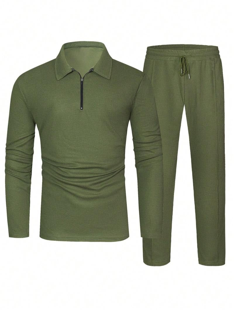 Men's textured knit cotton blend lounge set with zip neck top and drawstring pants, comfortable casual wear.