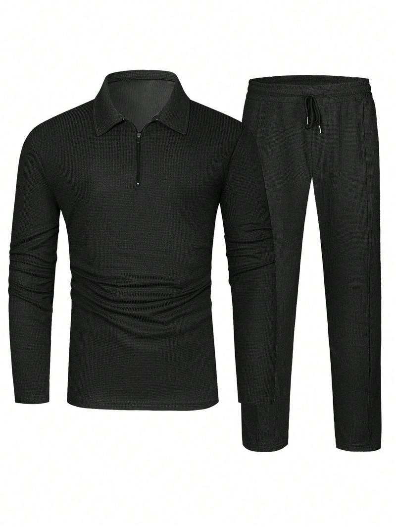 Casual men's two-piece lounge set, relaxed fit, zip neck top, and drawstring pants. Perfect for comfort and style.