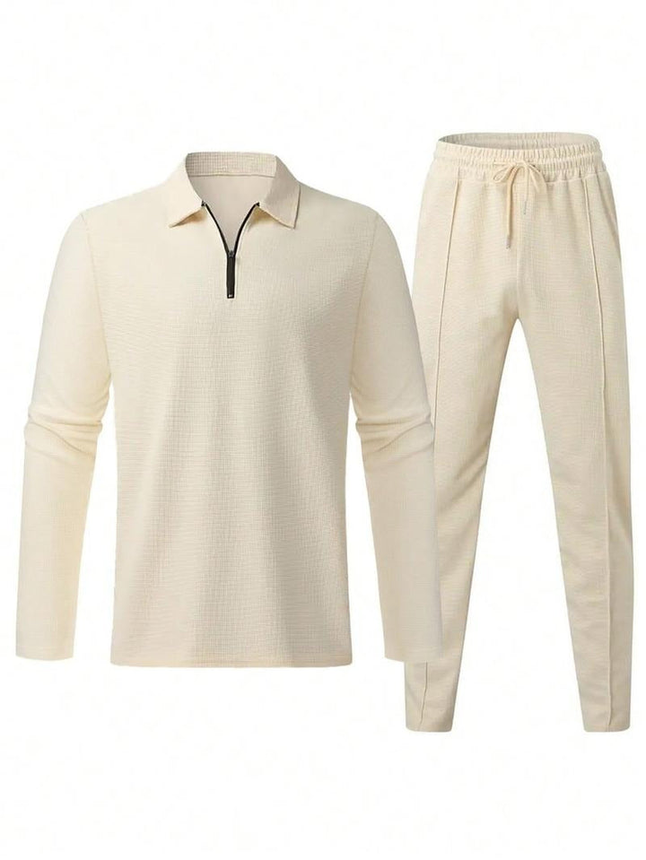 Premium men's zip lounge set, cotton blend, textured knit fabric for ultimate comfort and stylish casual wear.