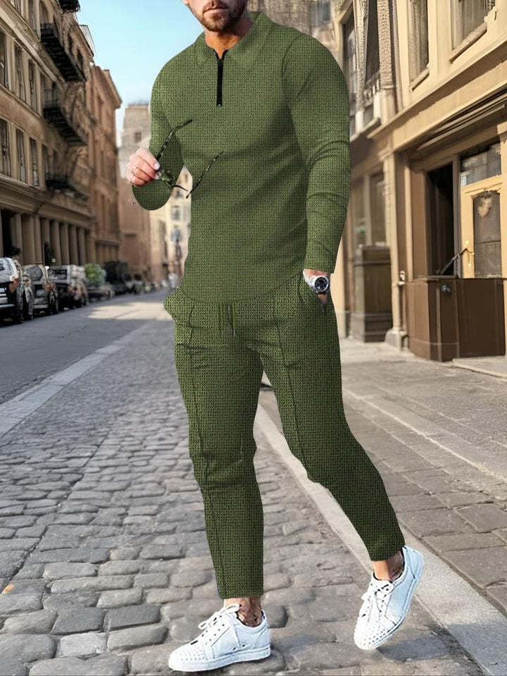 Comfortable cotton blend textured knit men's lounge set, zip neck top, ideal for casual wear and relaxing.