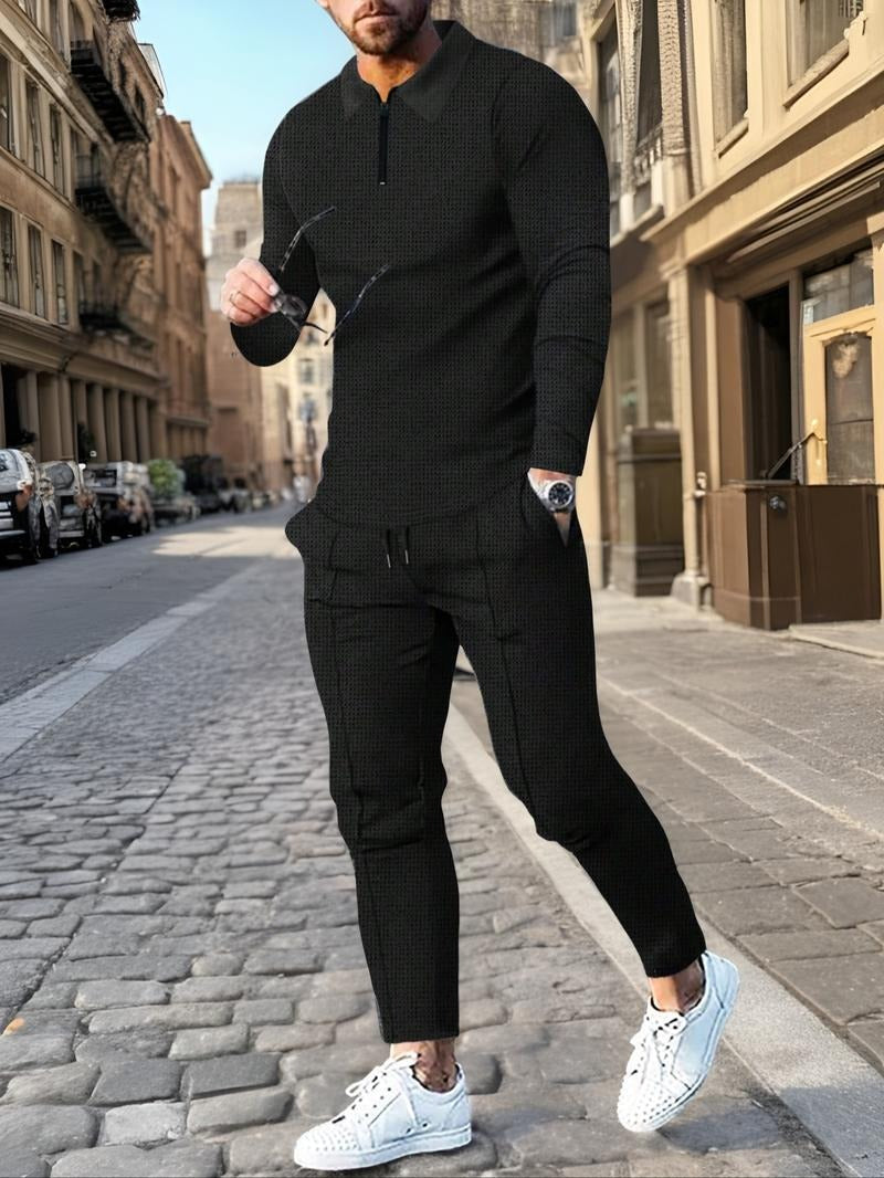 Relax in style with this men's premium zip neck lounge set, soft cotton blend, and relaxed fit. Casual comfort.