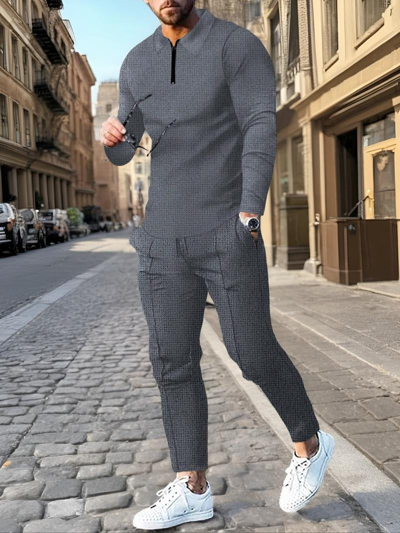 Full view of men's premium zip lounge set, showing comfortable two-piece design, textured knit for daily wear.