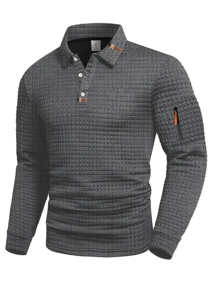 Men's textured long sleeve polo shirt, ideal for smart casual everyday wear.