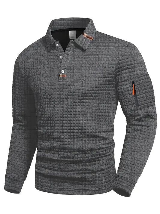 Men's textured long sleeve polo shirt, ideal for smart casual everyday wear.