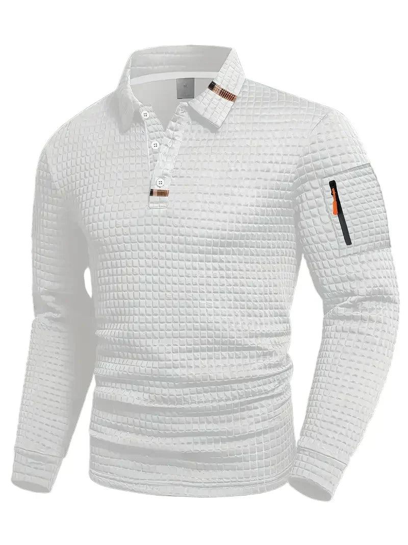 Versatile men's long sleeve textured polo with button placket for casual or smart-casual fashion.