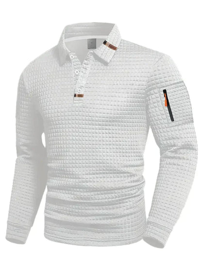 Versatile men's long sleeve textured polo with button placket for casual or smart-casual fashion.