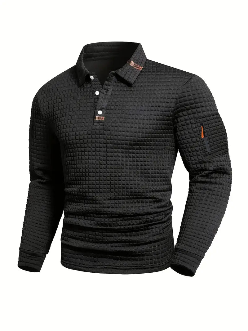 Smart casual men's textured long sleeve polo shirt, perfect for everyday fashion & comfort.