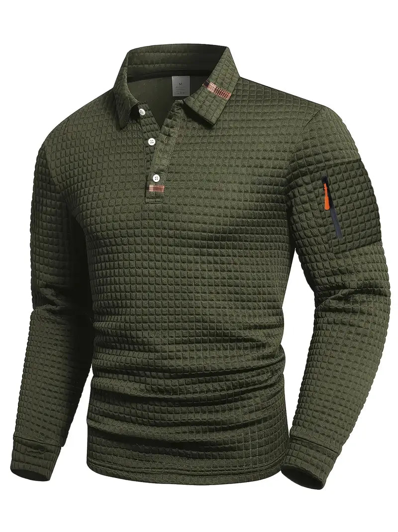 Men's long sleeve textured polo with button placket, suitable for versatile fashion & everyday style.