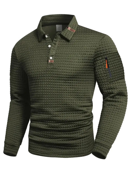 Men's long sleeve textured polo with button placket, suitable for versatile fashion & everyday style.