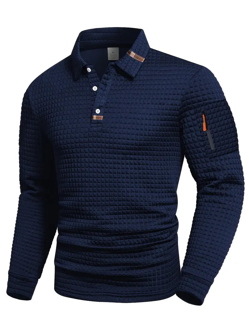 Casual men's textured long sleeve polo shirt. Everyday versatile fashion essential for modern style.