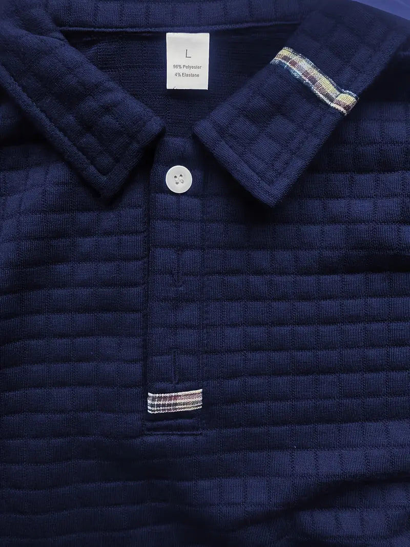 Comfortable men's long sleeve textured polo, featuring a button placket for versatile smart-casual fashion.
