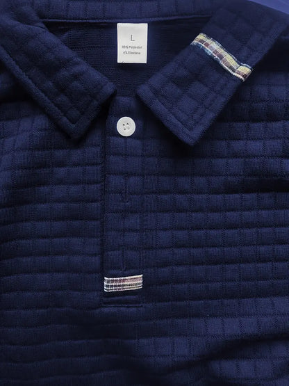 Comfortable men's long sleeve textured polo, featuring a button placket for versatile smart-casual fashion.