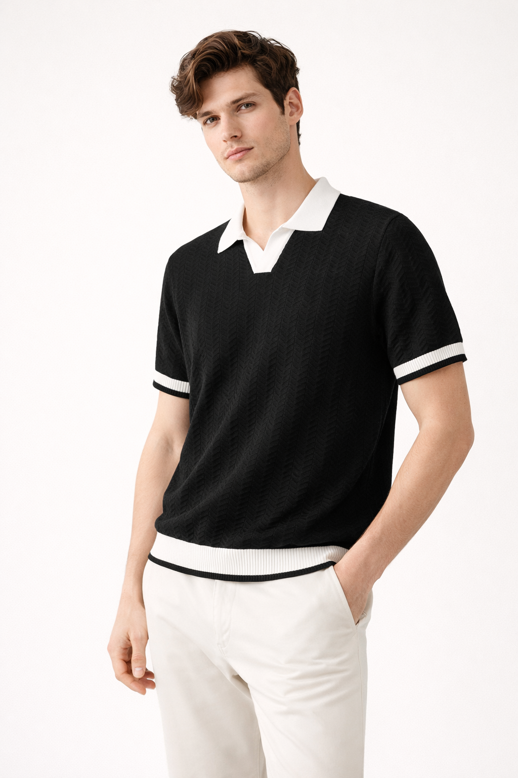 Stylish men's short sleeve textured polo shirt, perfect for a smart casual look. Collared & comfortable.