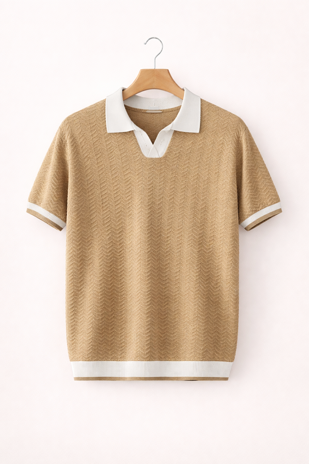 Men's classic collared short sleeve textured polo shirt, versatile for casual and smart casual outfits.