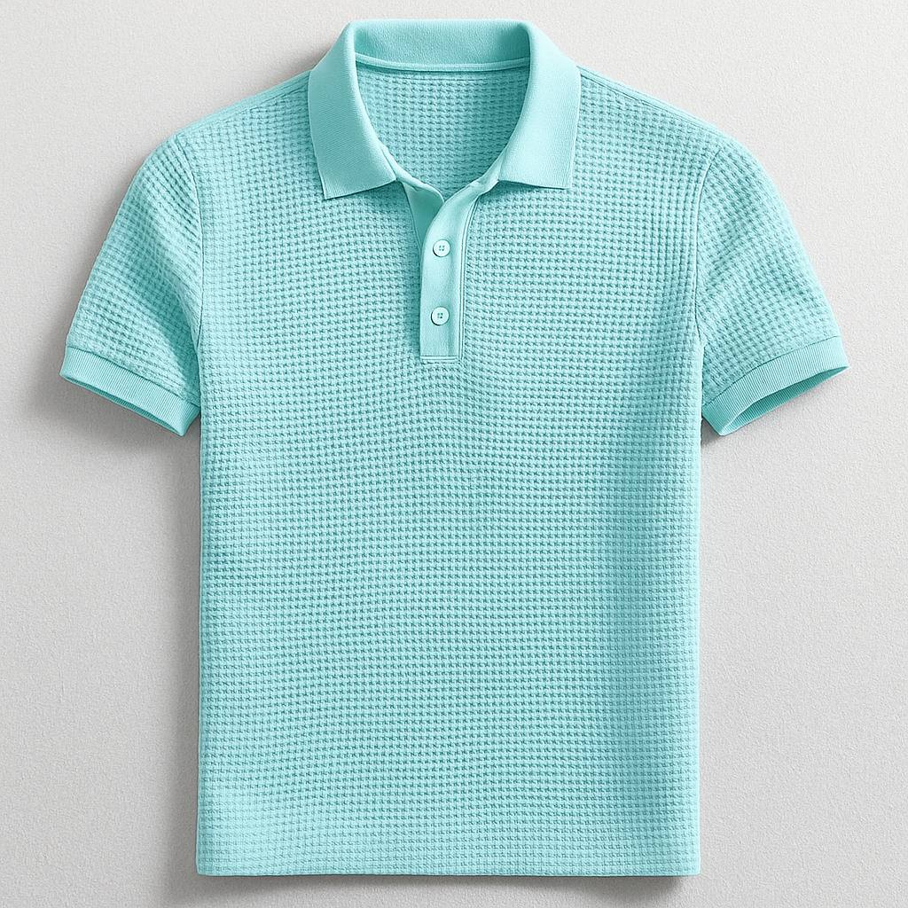 Men's textured waffle polo shirt for casual everyday wear. Short sleeve, button-up design.