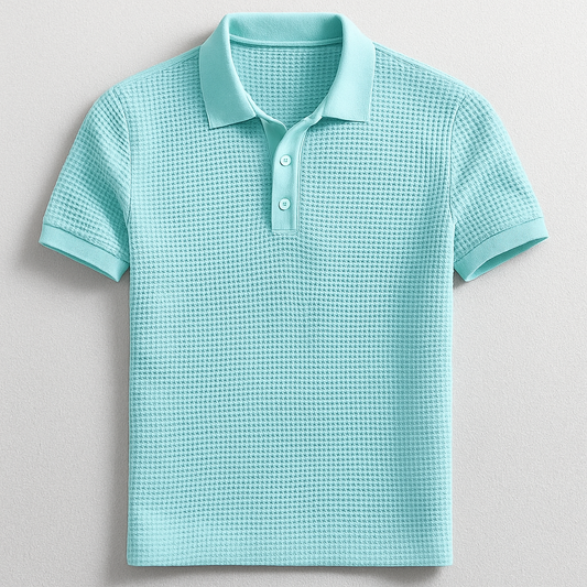 Men's textured waffle polo shirt for casual everyday wear. Short sleeve, button-up design.