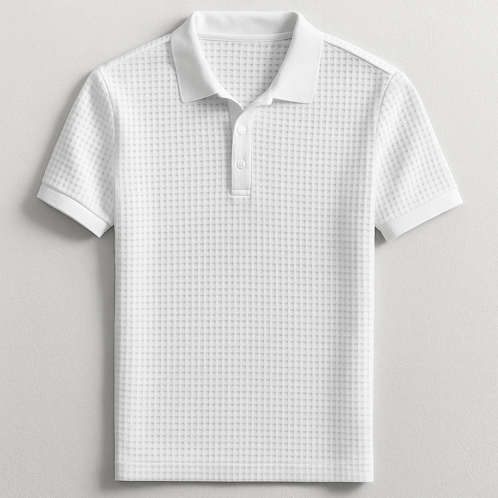 Close-up: Men's textured waffle polo shirt, showcasing unique fabric, short sleeves, and casual button style.