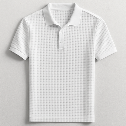 Close-up: Men's textured waffle polo shirt, showcasing unique fabric, short sleeves, and casual button style.