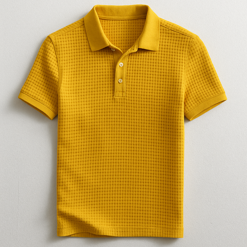 Men's casual short-sleeve waffle polo shirt, an everyday button-up top for smart summer fashion.
