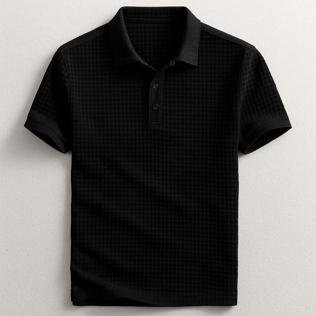 Stylish men's textured waffle polo shirt with short sleeves and a button collar, for casual summer wear.
