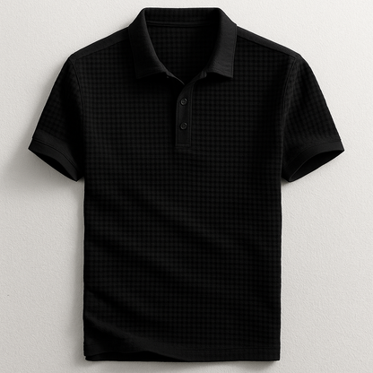 Stylish men's textured waffle polo shirt with short sleeves and a button collar, for casual summer wear.