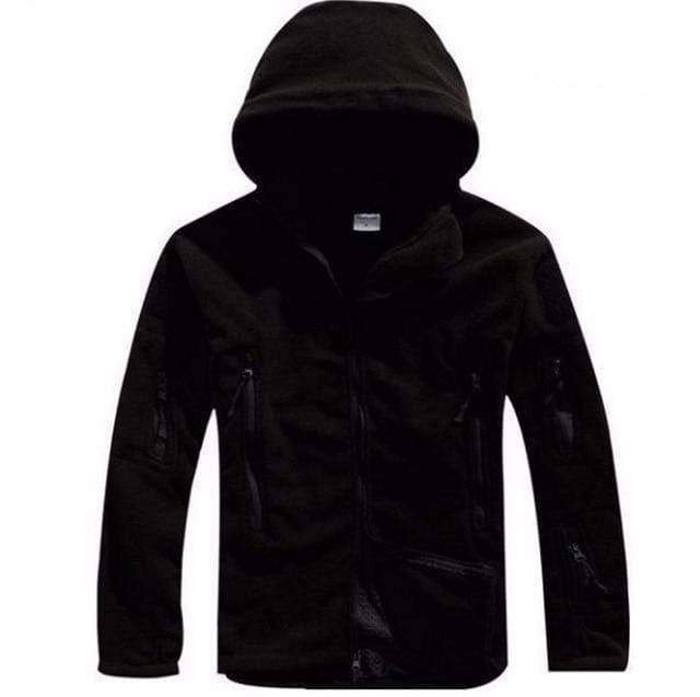 Close-up of men's thermal fleece lined tactical outdoor jacket with zip closure, perfect for winter hiking