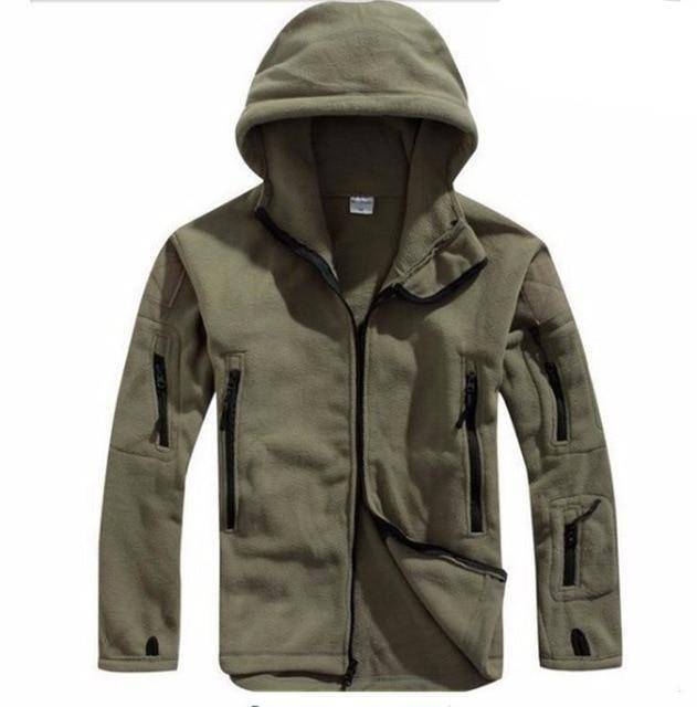 Rear view of men's thermal hiking jacket in tactical camo, fleece-lined for warmth in outdoor winter wear