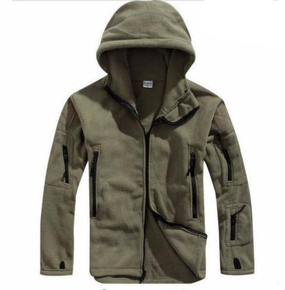 Rear view of men's thermal hiking jacket in tactical camo, fleece-lined for warmth in outdoor winter wear