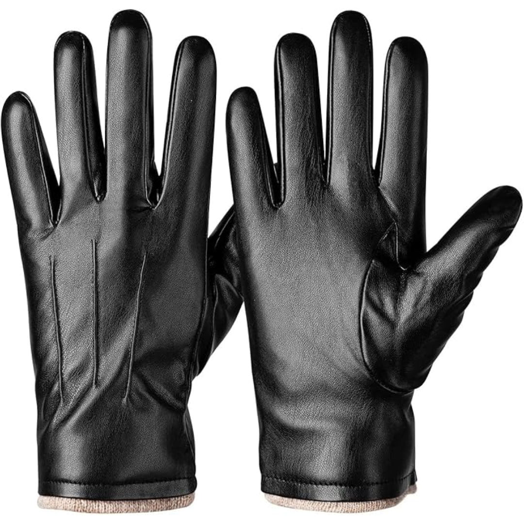 Men's thermal touchscreen faux leather gloves, ideal for winter warmth & cold weather.
