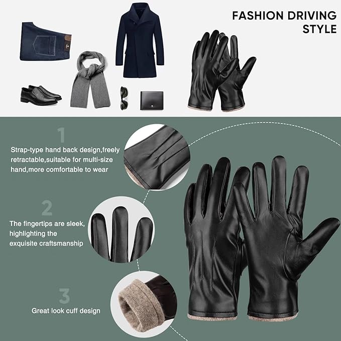 Touchscreen enabled men's thermal faux leather gloves, ensuring warm hands & device use in winter.
