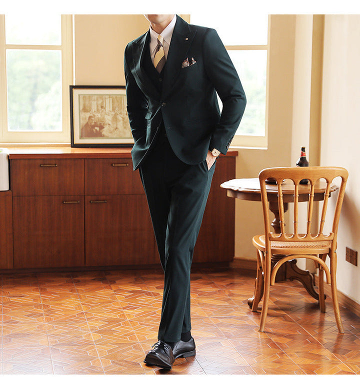 Business formal men's three-piece suit for professional meetings, events & sophisticated attire.