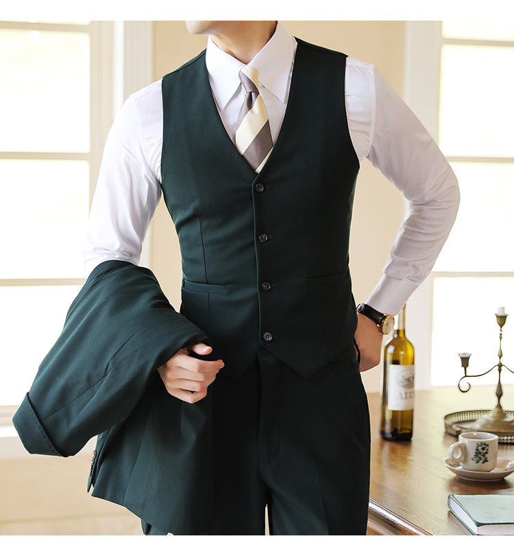High-quality men's tailored three-piece suit. Impeccable formal wear for weddings, business & parties.