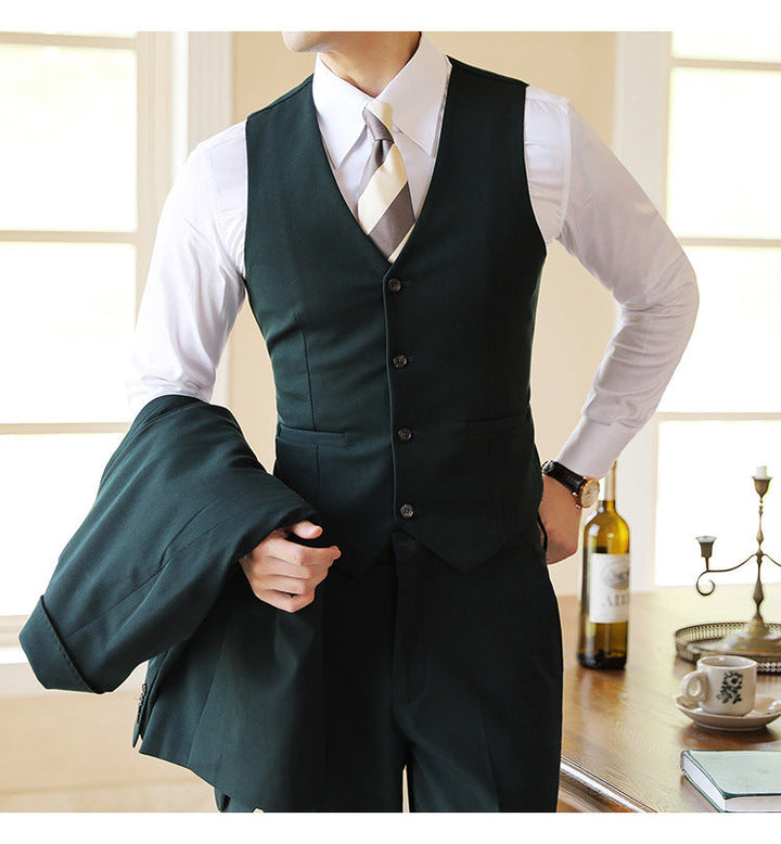 High-quality men's tailored three-piece suit. Impeccable formal wear for weddings, business & parties.