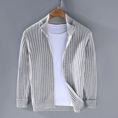 Men's timeless full-zip cardigan, a versatile layering piece for everyday comfort & smart-casual style.