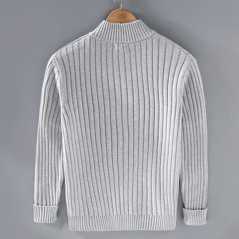 Close-up of men's full-zip cardigan knit texture. Quality zip sweater for stylish fall fashion & everyday wear.