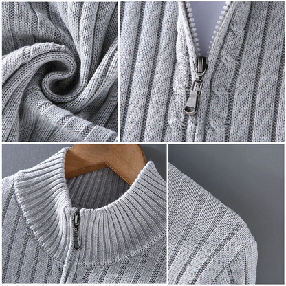 Man wearing a men's full-zip cardigan, ideal for casual wear, everyday comfort & versatile smart-casual styling.