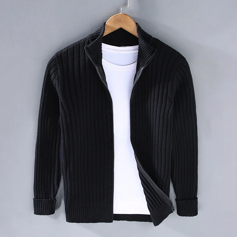 Back view of a men's full-zip cardigan, highlighting its versatile design for everyday comfort & fall/winter fashion.