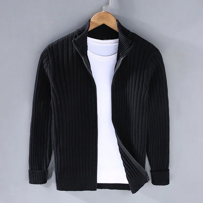 Back view of a men's full-zip cardigan, highlighting its versatile design for everyday comfort & fall/winter fashion.