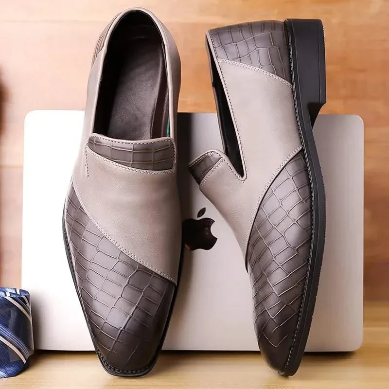 Close-up of the textured upper on these men's comfortable slip-on loafers. Classic style footwear.