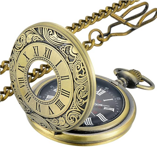 Men's timeless vintage quartz pocket watch with chain, classic antique look.