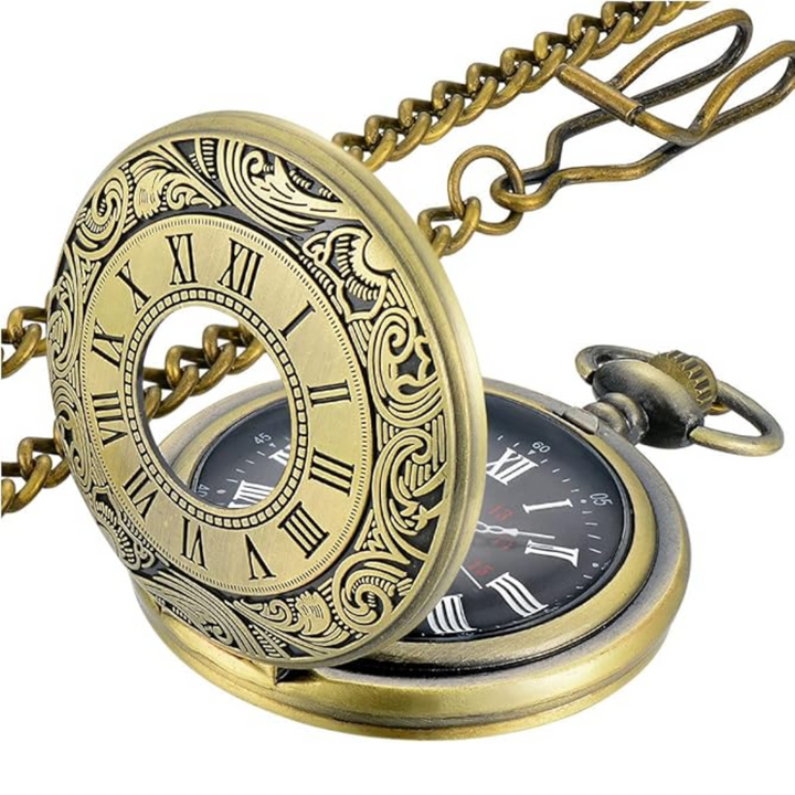 Men's timeless vintage quartz pocket watch with chain, classic antique look.