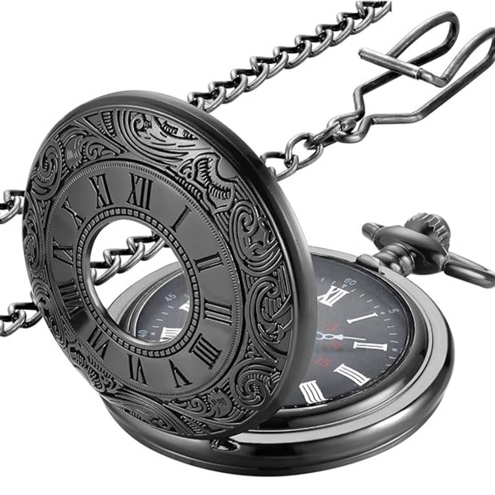 Men's timeless watch, vintage pocket style, reliable quartz movement, complete with chain.