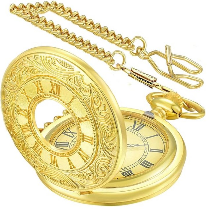 Men's classic vintage pocket watch, quartz movement, elegant chain, perfect for collectors.