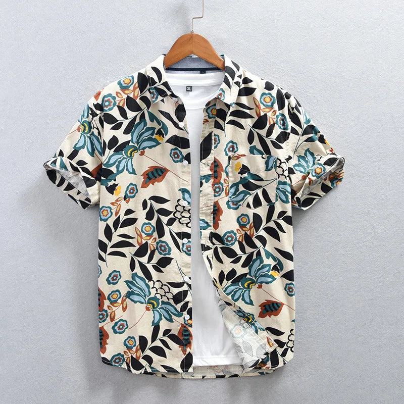 Men's Tokyo Nightfall floral short sleeve button-down shirt. Japanese style casual summer patterned shirt.