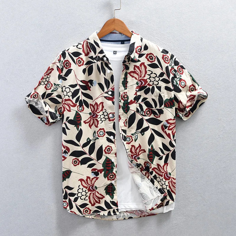 Men's Tokyo Nightfall floral vacation shirt, dark with vibrant Japanese style pattern, short sleeve.