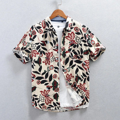 Men's Tokyo Nightfall floral vacation shirt, dark with vibrant Japanese style pattern, short sleeve.