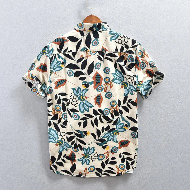 Stylish men's Tokyo Nightfall floral shirt, short sleeve, button-down. Casual Japanese patterned fashion.