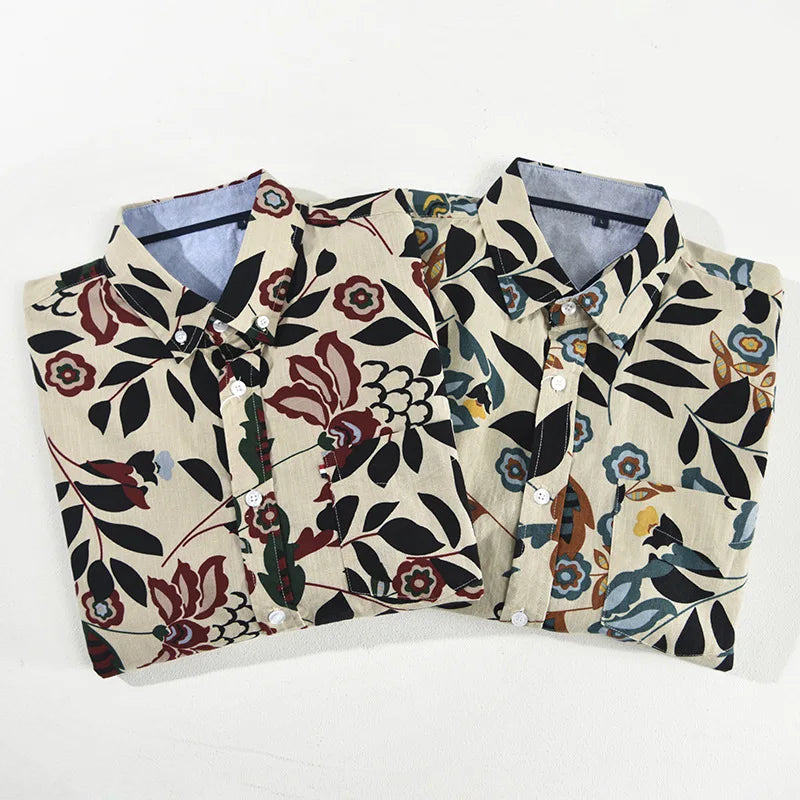 Dark men's Tokyo Nightfall floral short sleeve shirt, Japanese style, perfect for summer casual wear.