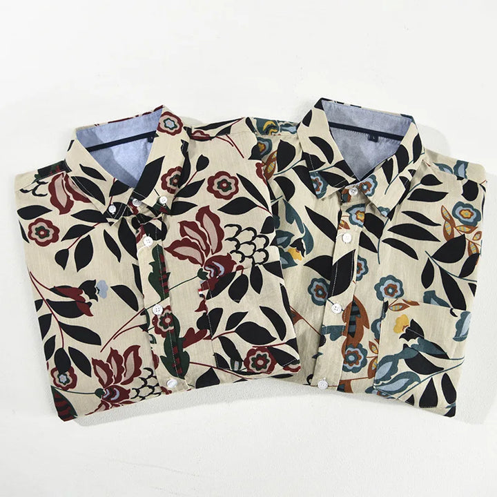 Dark men's Tokyo Nightfall floral short sleeve shirt, Japanese style, perfect for summer casual wear.